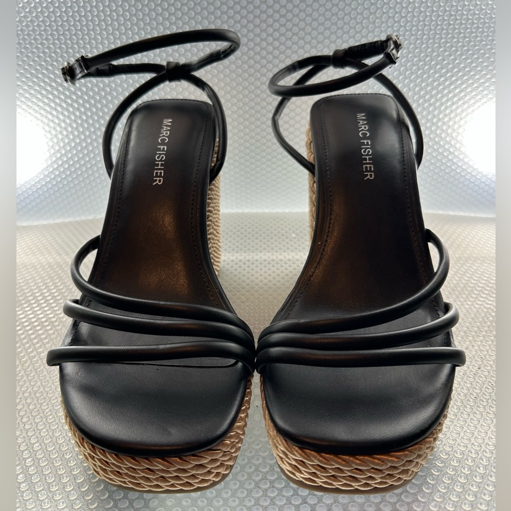 Marc Fisher Zeki Black Platform Wedge Sandals Size 6.5